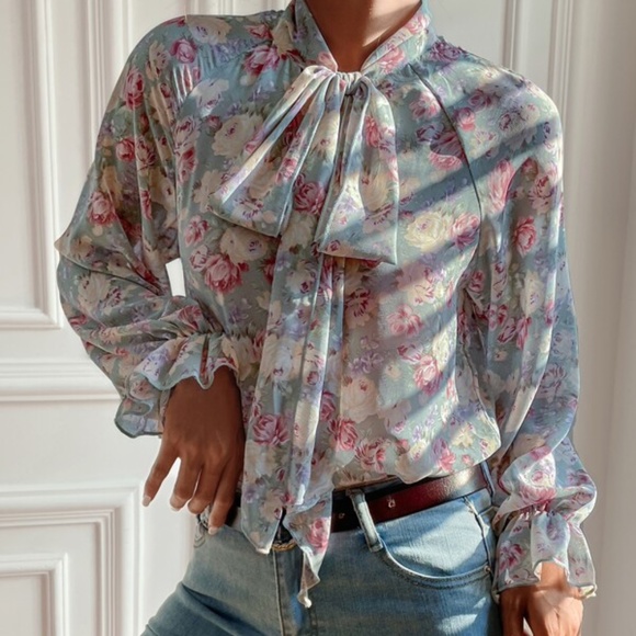 Bohemian Blush Pink Floral Neck Tie Ruffle Top Cottagecore - Picture 4 of 8